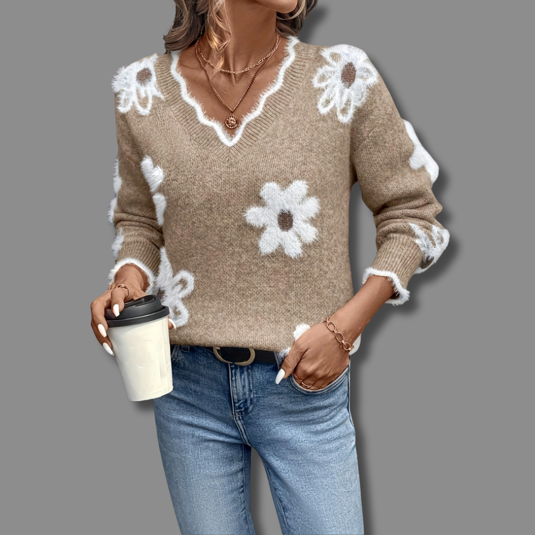 Katarzyna | Elegant V-Neck Floral Sweater