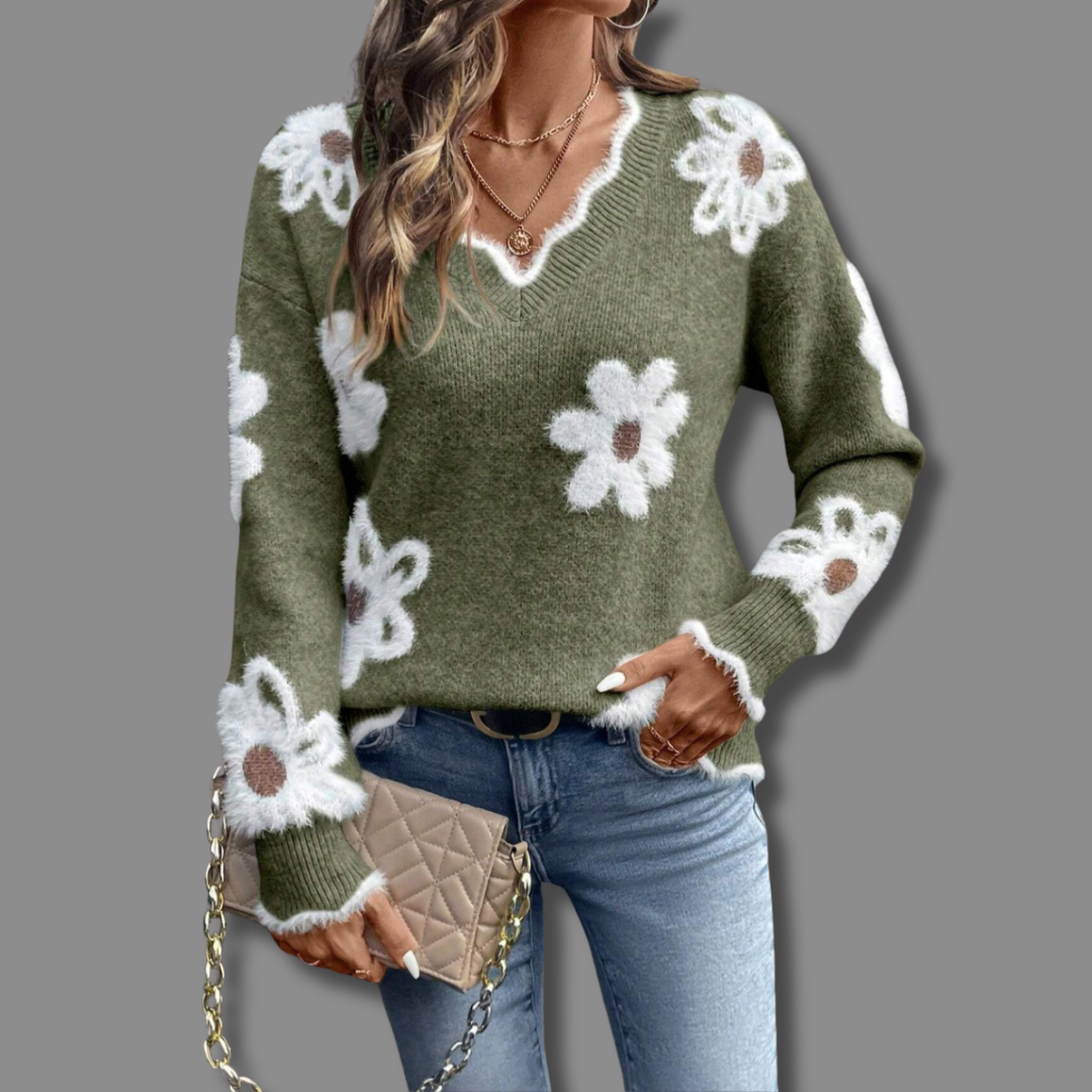 Katarzyna | Elegant V-Neck Floral Sweater