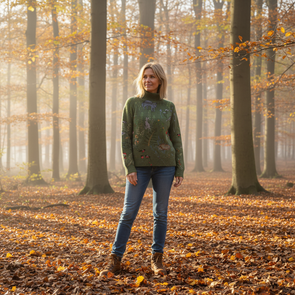 Elena - Sweter dzianinowy z nadrukiem leśnym i zwierzęcym oraz golfem