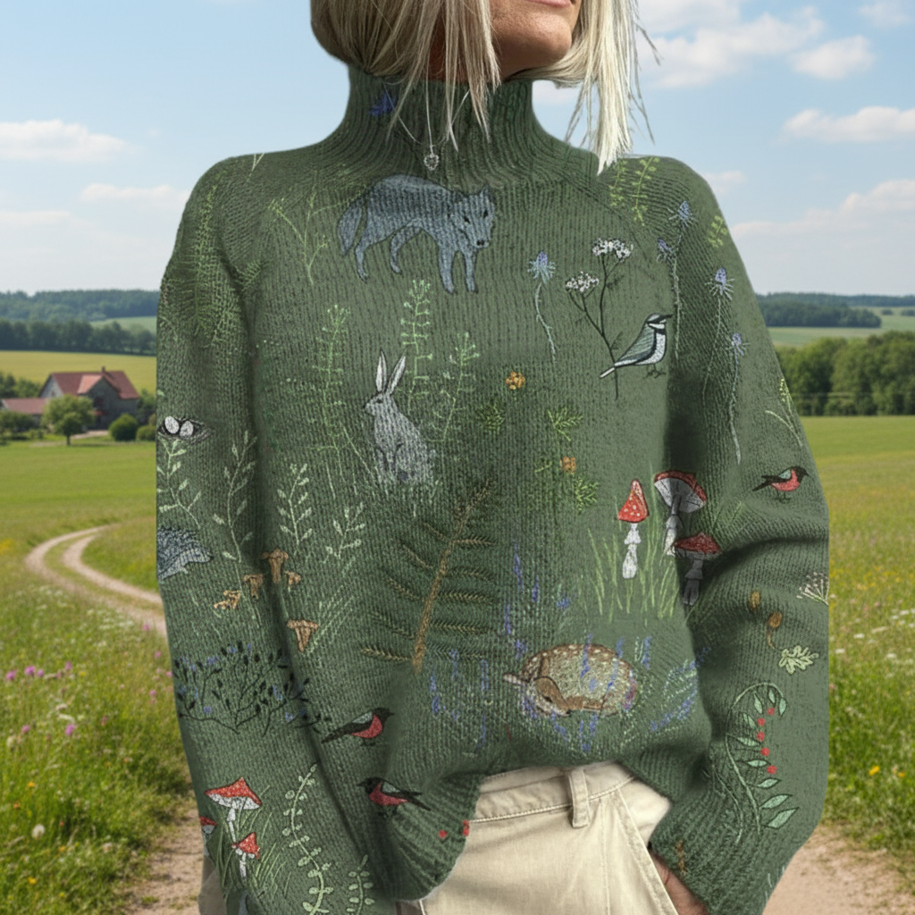 Elena - Sweter z dzianiny z nadrukiem lasu i zwierząt oraz golfem