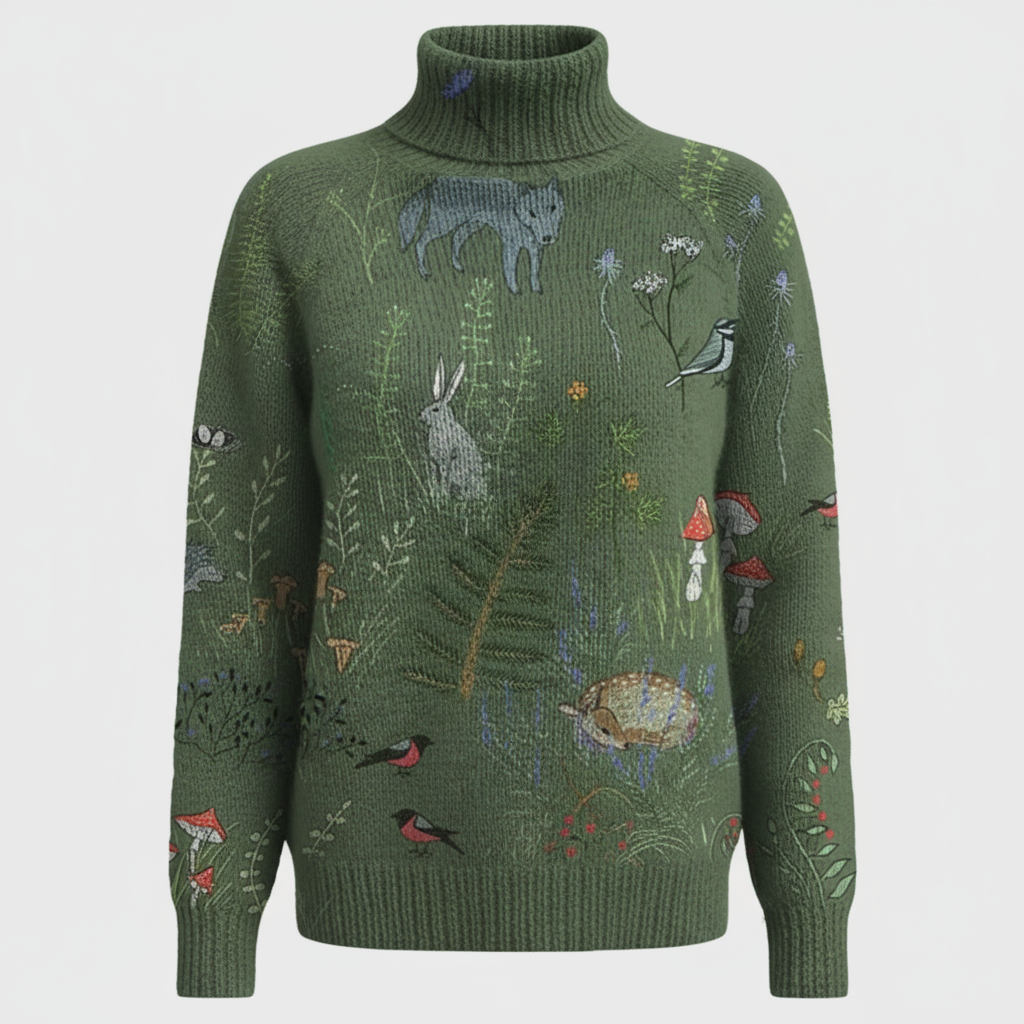 Elena - Sweter dzianinowy z nadrukiem leśnym i zwierzęcym oraz golfem
