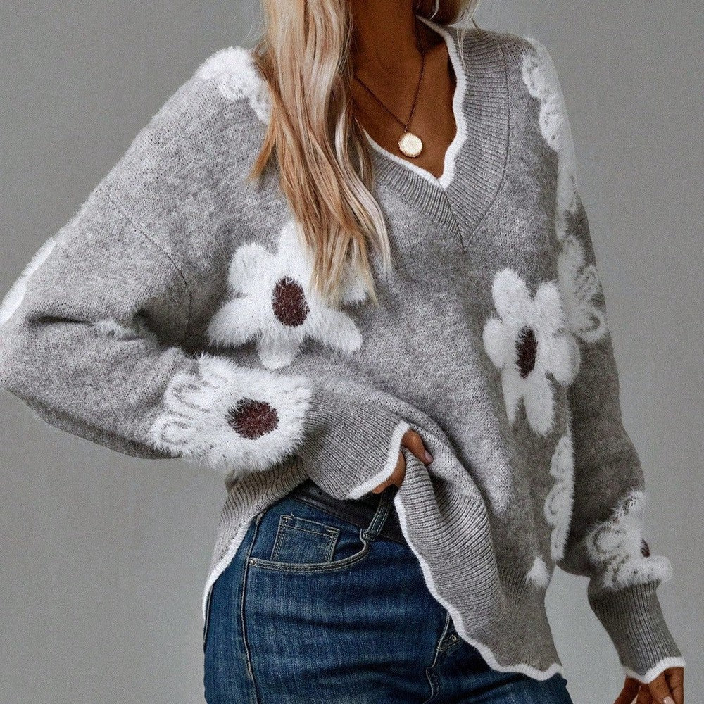 Katarzyna | Elegancki sweter z dekoltem w serek i kwiatowym wzorem